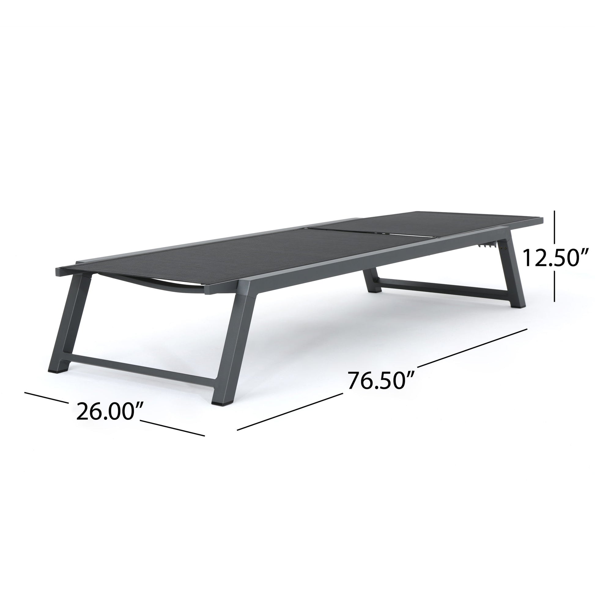The Myers Modern Chaise Lounge Set features a black slatted design and adjustable mesh back, shown at an angle. Dimensions: 76.5"L x 26"W x 12.5"H.