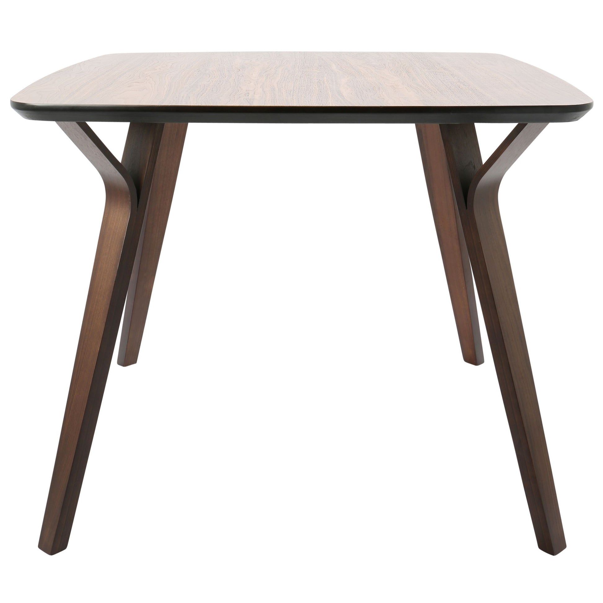 The Folia - Mid Century Modern Dinette Table features a dark, polished wooden rectangular top and four angled legs, with each pair connected by a curved support for added stability.