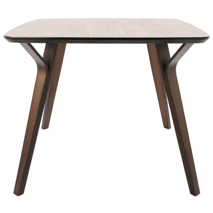 The Folia - Mid Century Modern Dinette Table features a dark, polished wooden rectangular top and four angled legs, with each pair connected by a curved support for added stability.