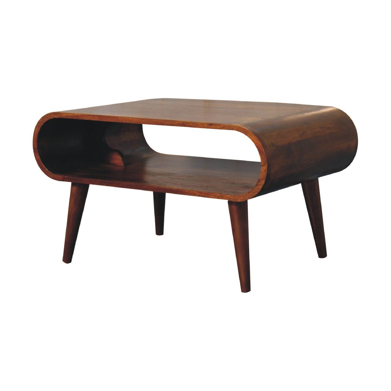 The Solid Wood Open Coffee Table features a mid-century modern design with rounded edges, an open shelf under the tabletop, four angled legs, and a stylish dark wood finish.