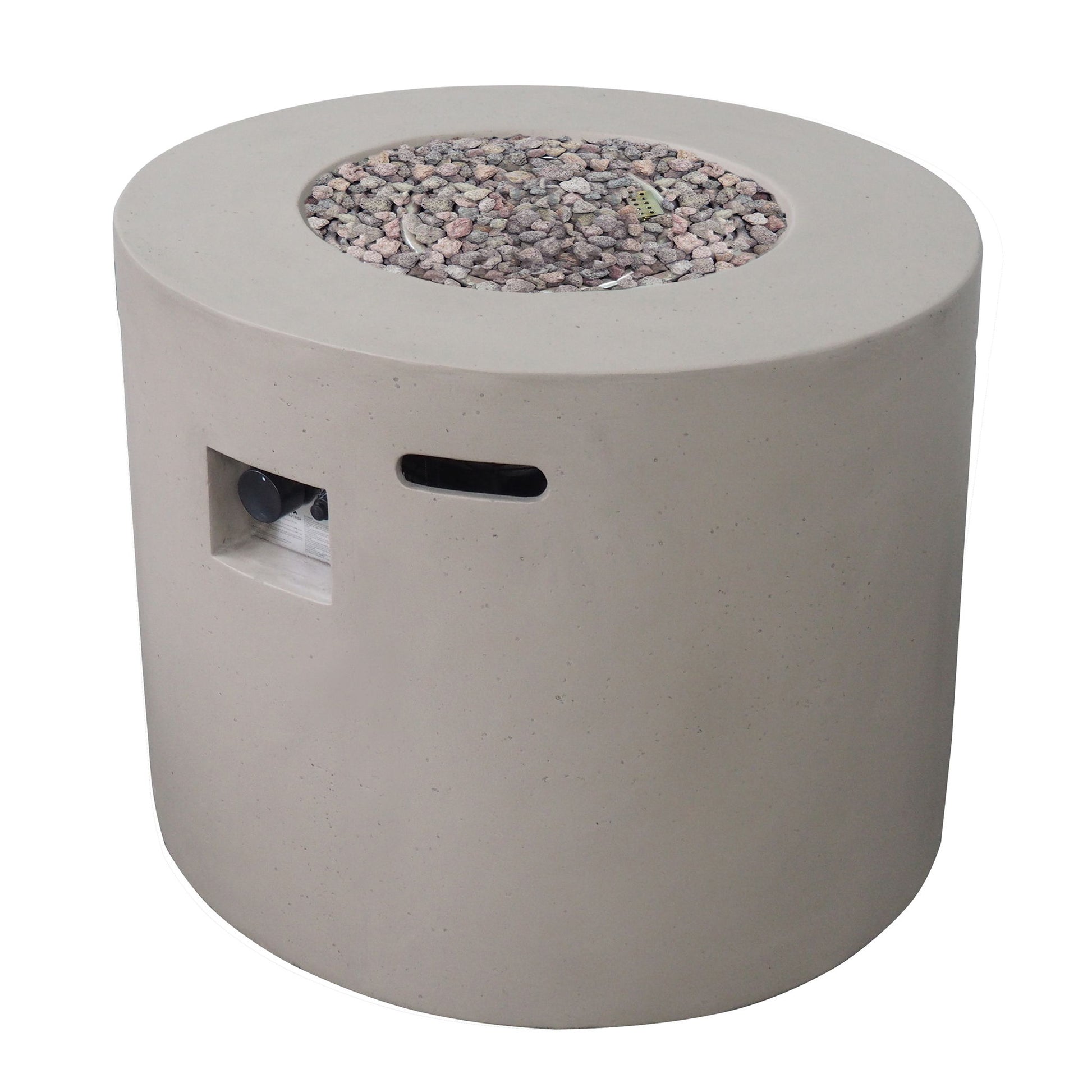 The Round Iron Fire Pit With 40,000 Btu features a modern round design, a top filled with small decorative stones, and a side access panel for easy control.