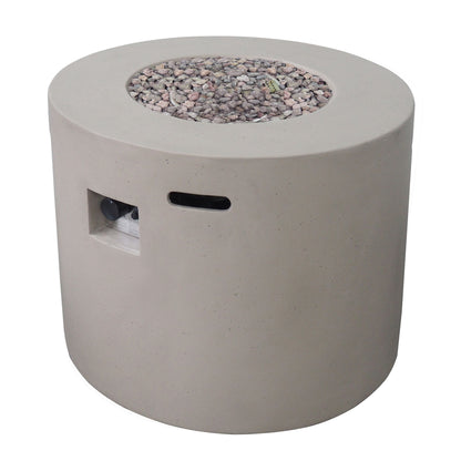The Round Iron Fire Pit With 40,000 Btu features a modern round design, a top filled with small decorative stones, and a side access panel for easy control.