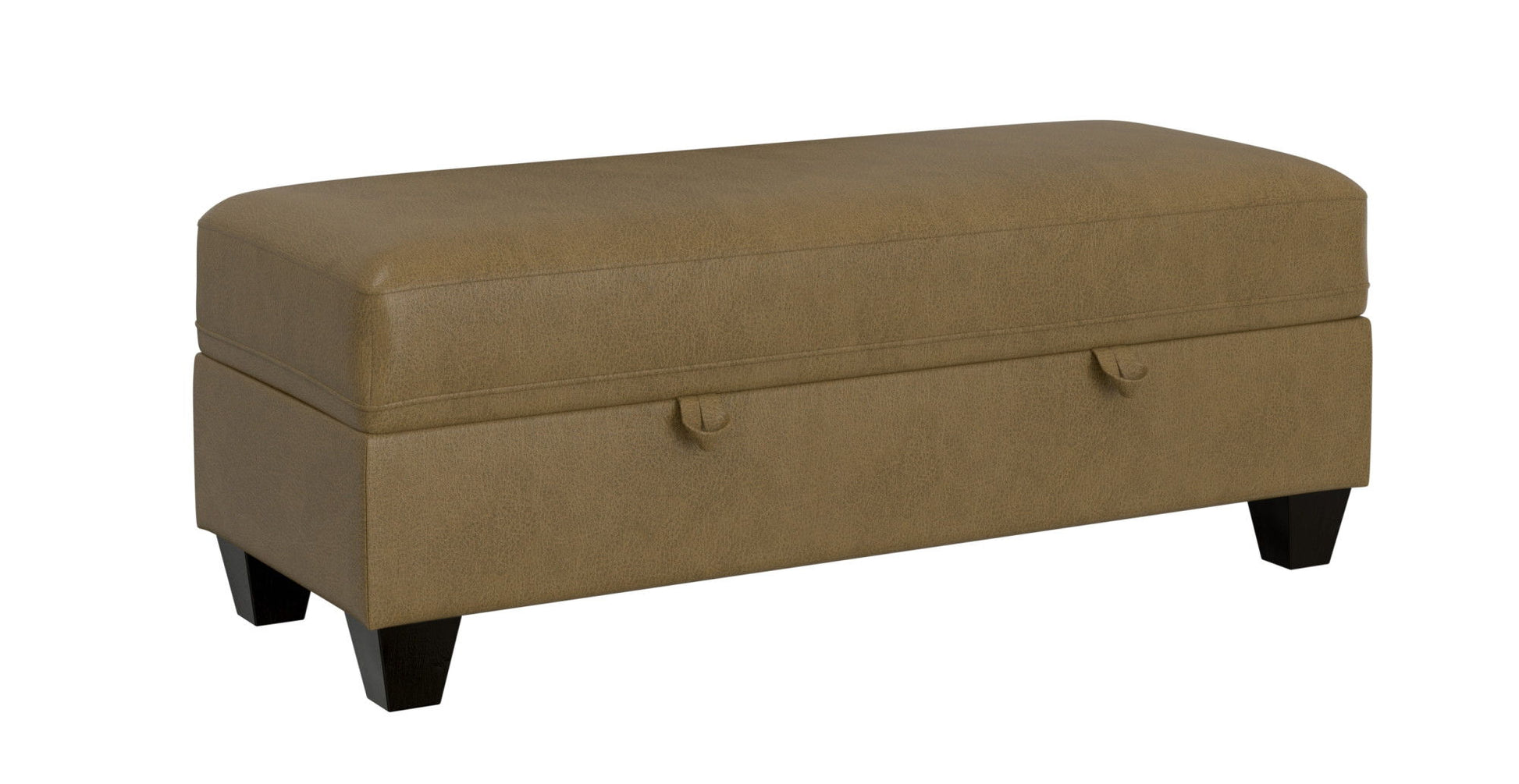 The Drason Storage Ottoman is a rectangular, light brown upholstered bench with a cushioned top, short dark wooden legs, and two front fabric pull tabs for easy lid lifting.