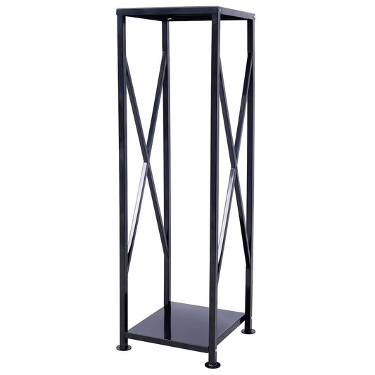 The Decorative Firewood Storage Log Rack Holder is a tall, black, open-frame metal unit with a square base, X-shaped side supports, four adjustable feet, and a minimalist industrial design for fireplace wood storage.