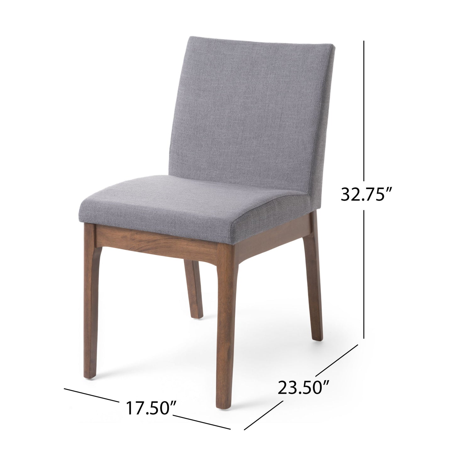 The Contemporary Fabric Comfort Dining Chairs (Set of 2) feature padded gray fabric seats and backrests, wooden legs, and each chair measures 32.75" high, 23.50" deep, and 17.50" wide.