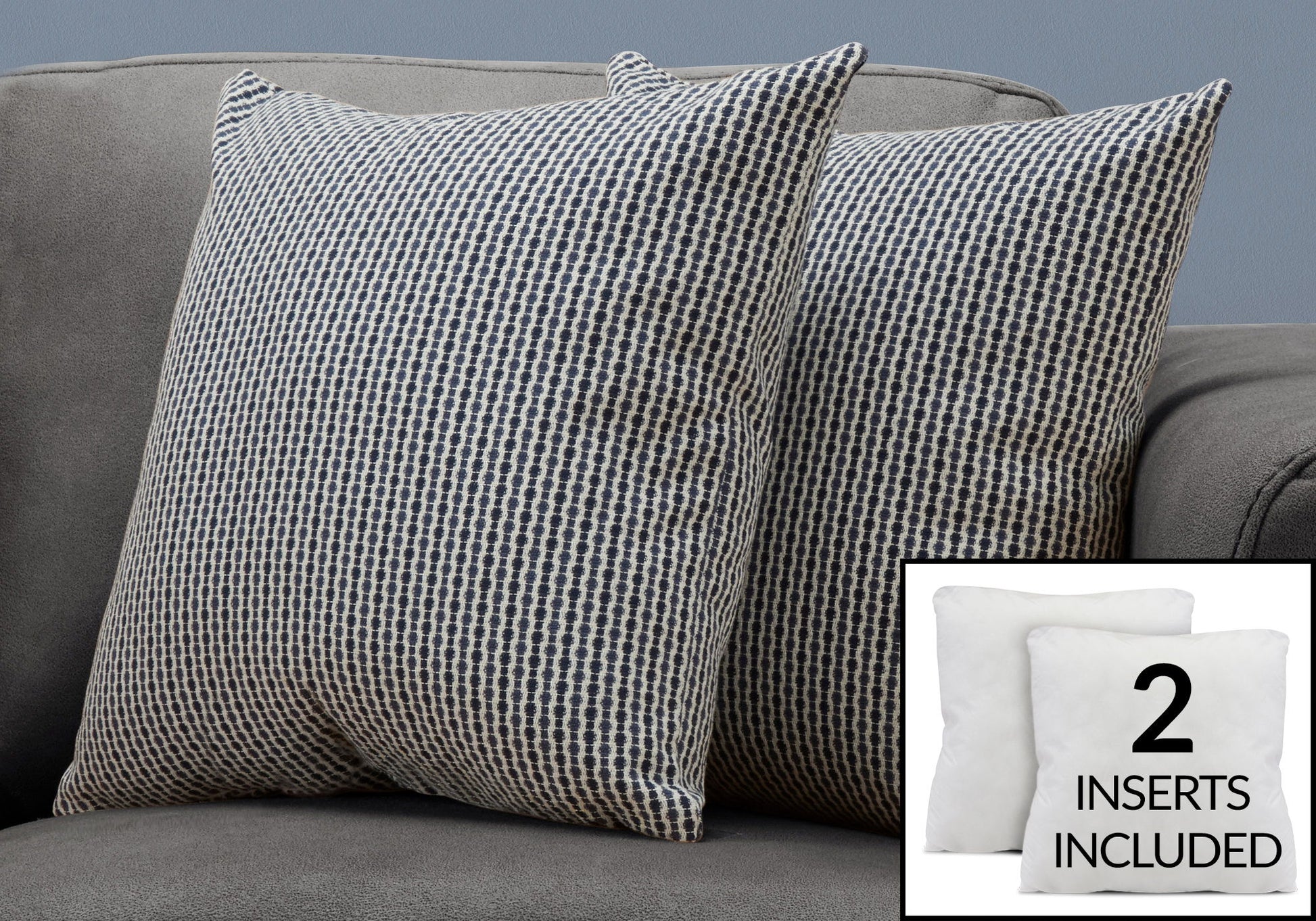 Two decorative square throw pillows with black and white geometric patterns are on a gray couch. An inset displays two plain white hypoallergenic inserts, with text: "2 inserts included.