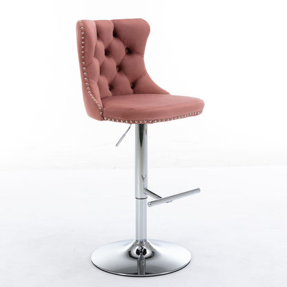 A set of 2 modern swivel velvet barstools with tufted backs, chrome adjustable bases (25-33"), and footrests, showcased against a plain white background—ideal for home pubs or kitchen islands.
