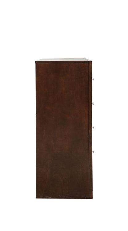 The Marilla - Dresser is shown from the side, featuring a dark brown finish, a flat surface, and four small drawer knobs barely visible along the right edge.