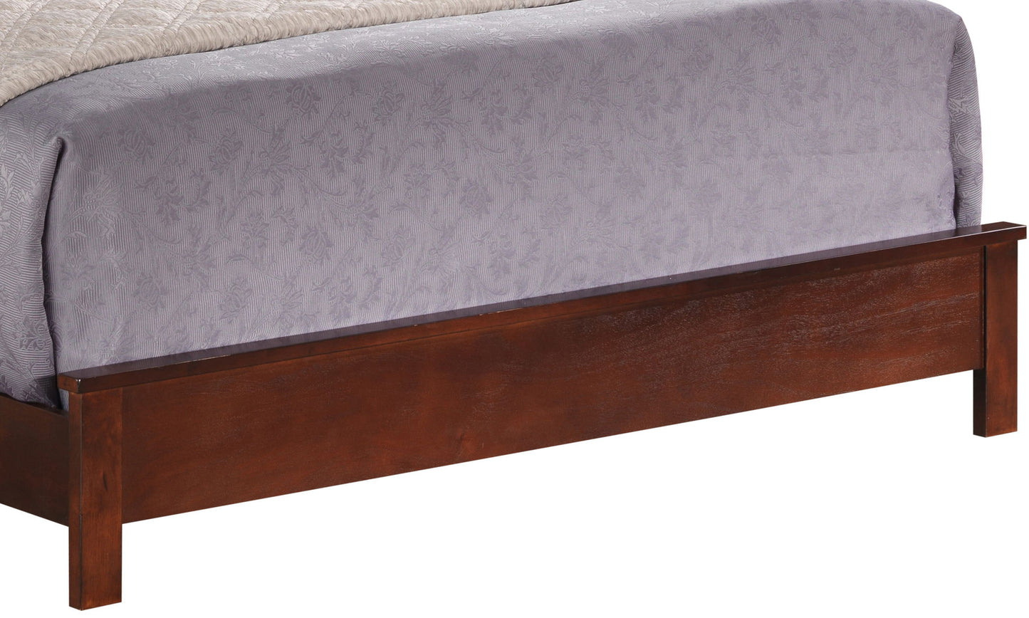 A close-up of the Bed With Transitional Design Stylish shows its dark brown wooden footboard, partially draped with a light purple patterned bedspread and a cream quilt.