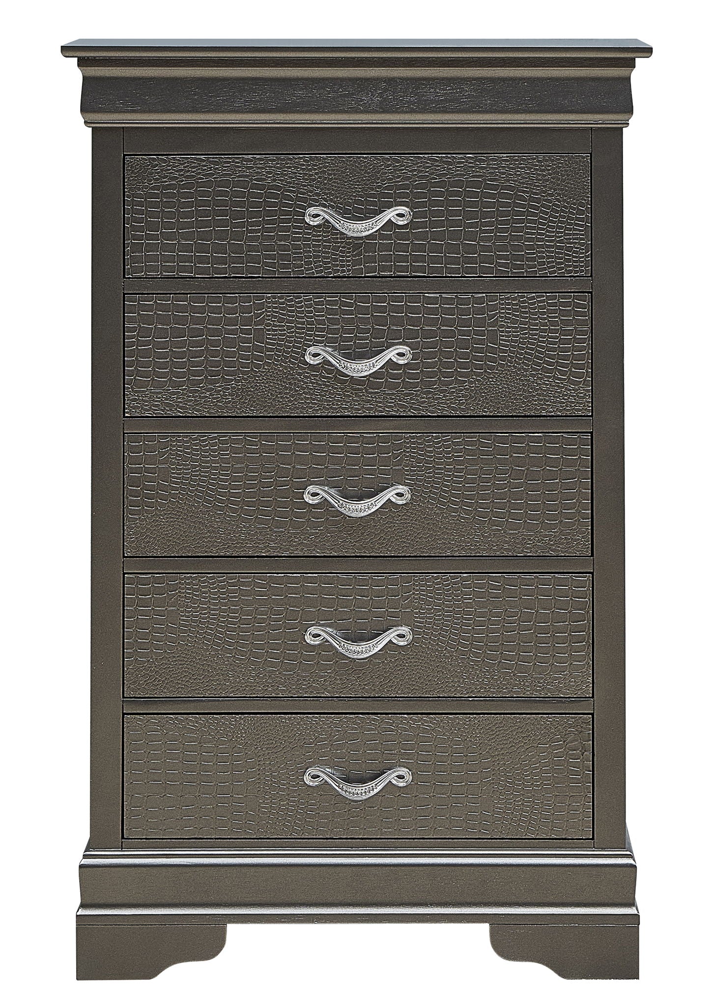 The Sleek Transitional Chest - Metal Black is a dark five-drawer dresser with a crocodile-textured finish, ornate silver handles, and a classic wide top with decorative base.