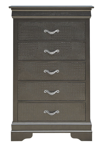 The Sleek Transitional Chest - Metal Black is a dark five-drawer dresser with a crocodile-textured finish, ornate silver handles, and a classic wide top with decorative base.
