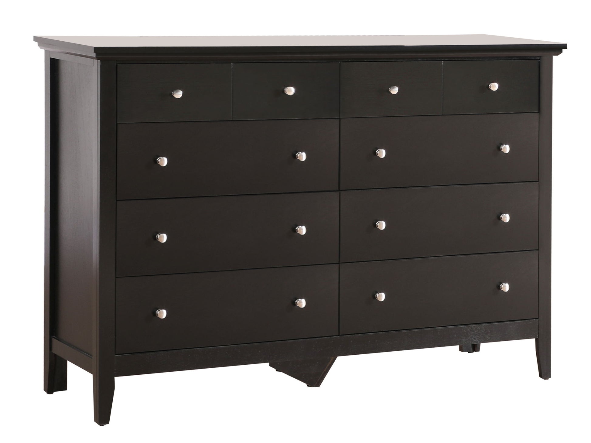 The Elegant Casual Dresser For Any Room is a dark brown wooden dresser with nine drawers, each with a round silver knob, and short legs, shown against a plain white background.