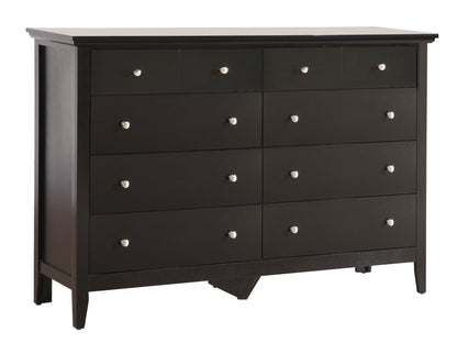 The Elegant Casual Dresser For Any Room is a dark brown wooden dresser with nine drawers, each with a round silver knob, and short legs, shown against a plain white background.