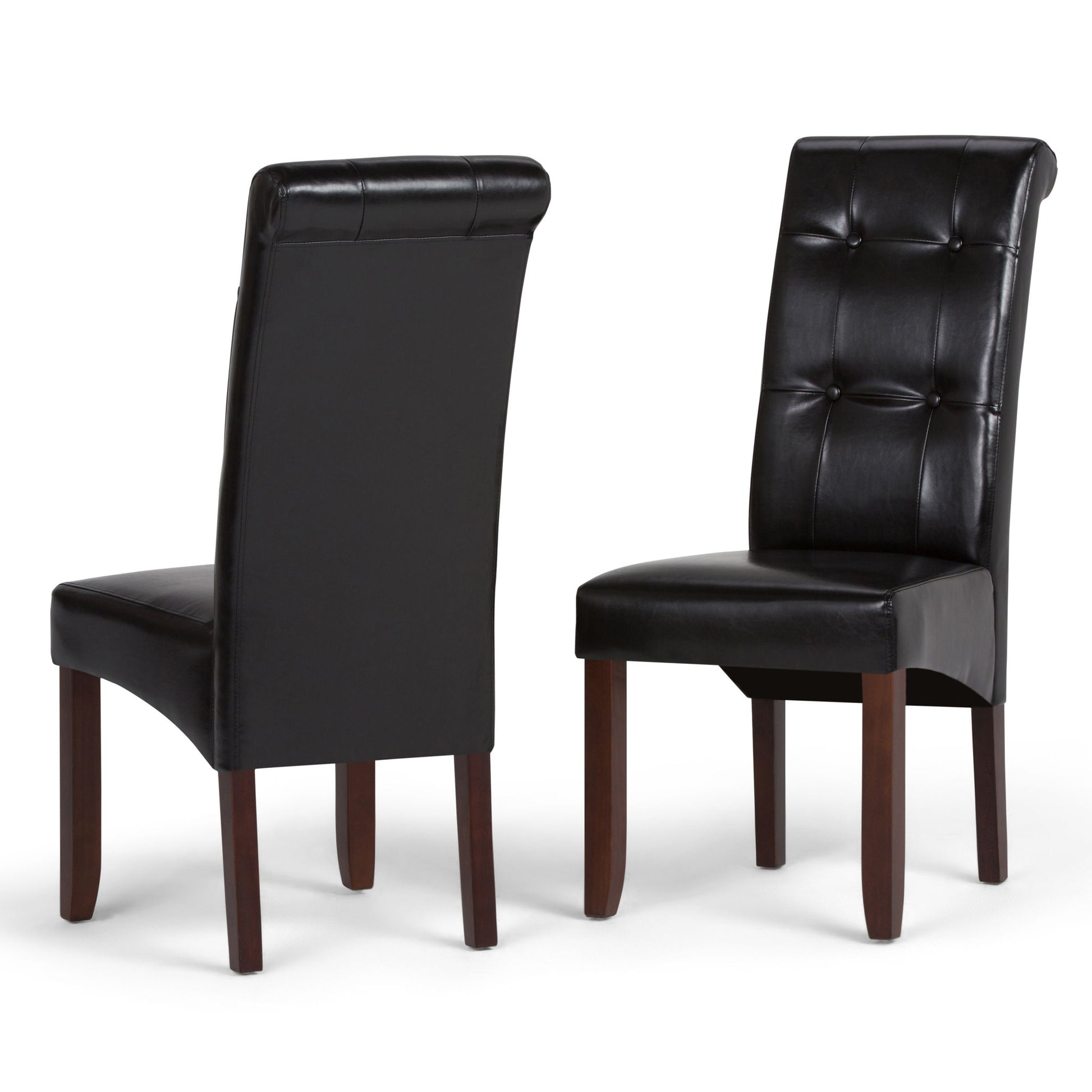 Set of 2 Cosmopolitan Deluxe Tufted Parson Upholstered Chairs in black leather with tufted backs and dark wooden legs, shown from front and back on a white background.
