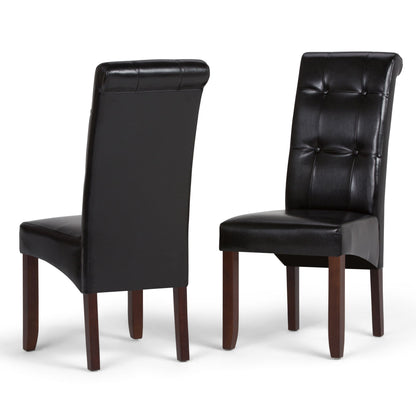 Set of 2 Cosmopolitan Deluxe Tufted Parson Upholstered Chairs in black leather with tufted backs and dark wooden legs, shown from front and back on a white background.