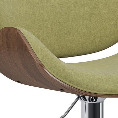 Close-up of the Marana Multifunctional Handcrafted Bentwood Adjustable Swivel Bar Stool with light green upholstery, curved wooden edges, and a shiny chrome base.