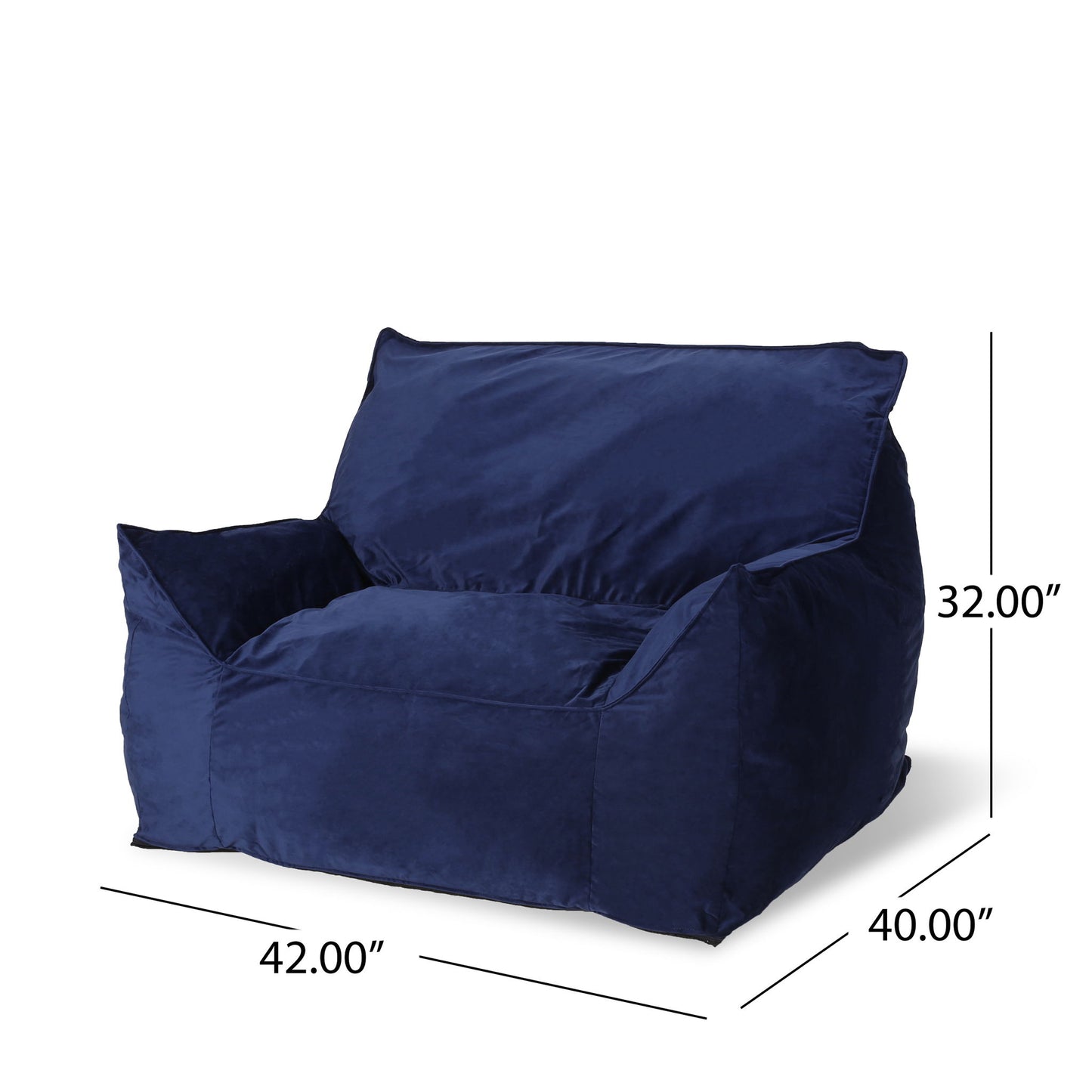 The Allea - Bean Bag Chair With Armrests is a large, navy blue chair with wide arms and a backrest. Dimensions: 42"W x 40"D x 32"H.