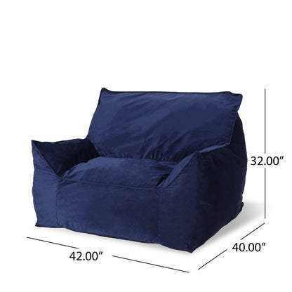 The Allea - Bean Bag Chair With Armrests is a large, navy blue chair with wide arms and a backrest. Dimensions: 42"W x 40"D x 32"H.