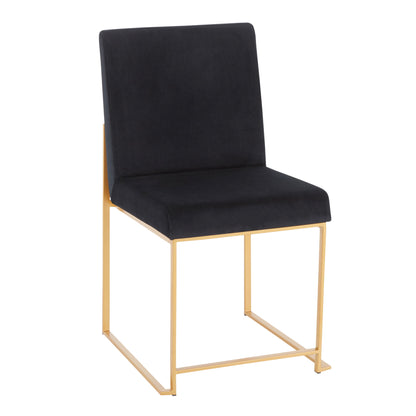 The Fuji High Back Dining Chair set features a sleek gold metal frame and legs with black cushioned seats and backrests, offering a contemporary stylish look. Set of 2, pictured on a white background.