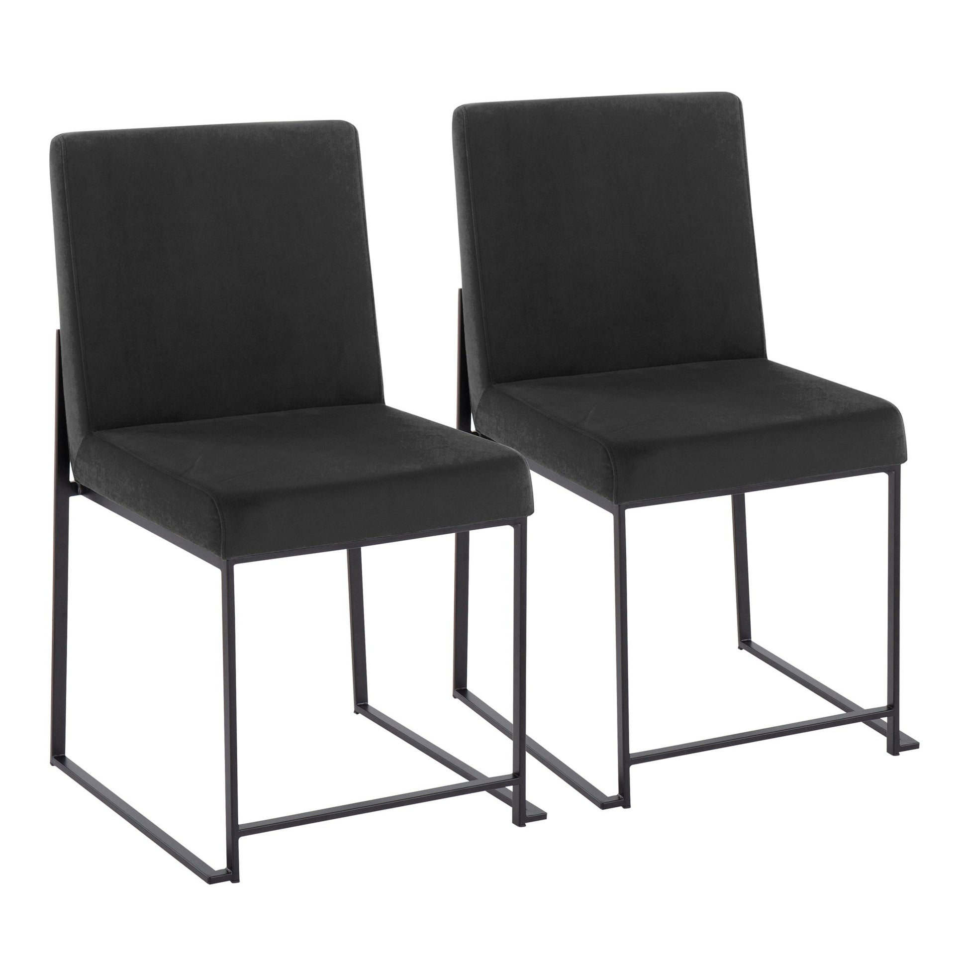 The Fuji Contemporary Dining Chair set features two modern chairs with black metal frames and black cushioned seats and high backs, shown side by side on a white background.