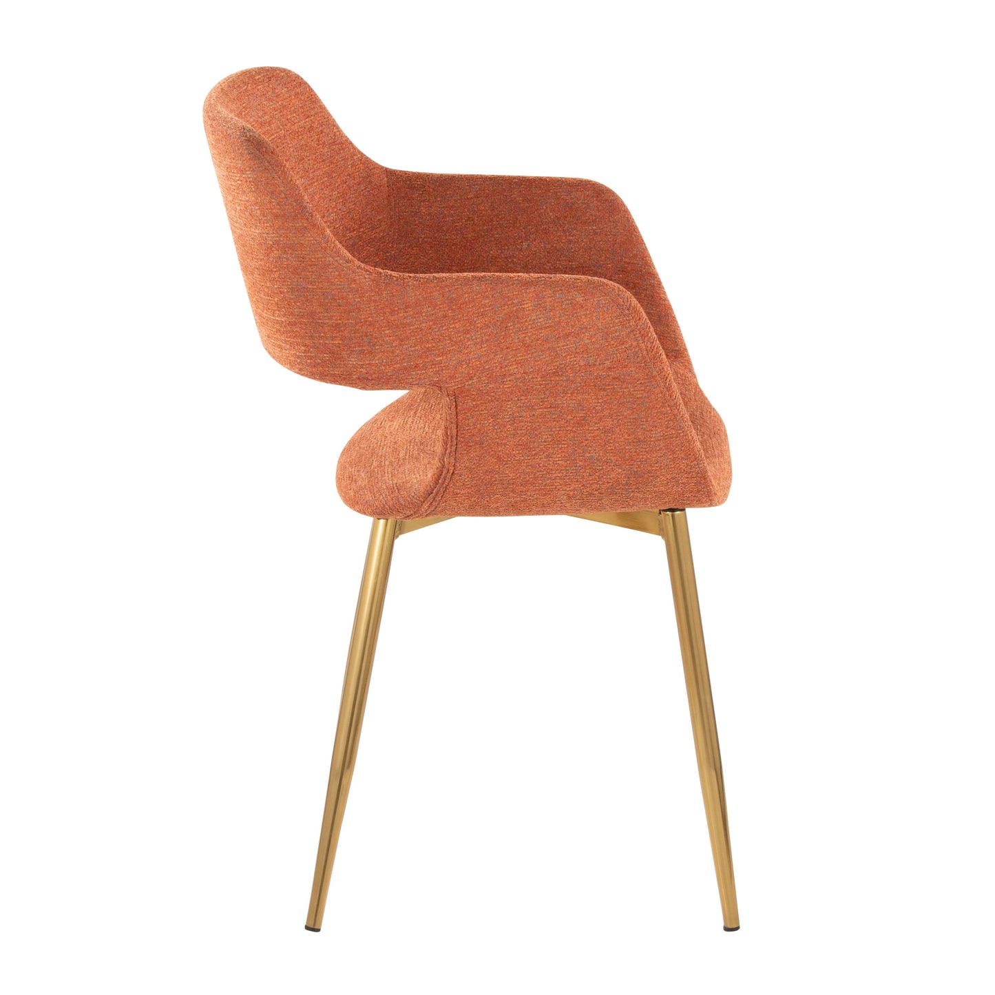 Side view of the Margarite - Contemporary Versatile Dining Chair, featuring an orange upholstered seat and backrest with sleek, angled golden metal legs for a modern look.