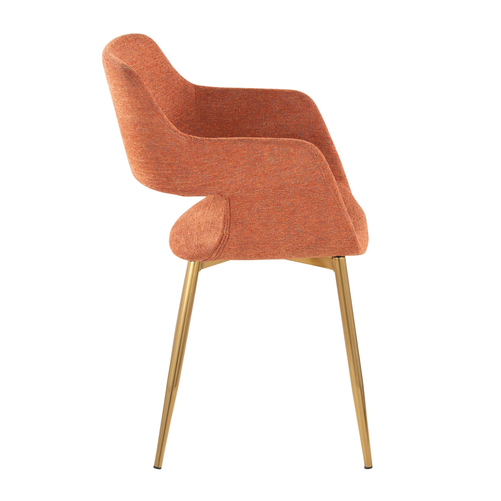 Side view of the Margarite - Contemporary Versatile Dining Chair, featuring an orange upholstered seat and backrest with sleek, angled golden metal legs for a modern look.
