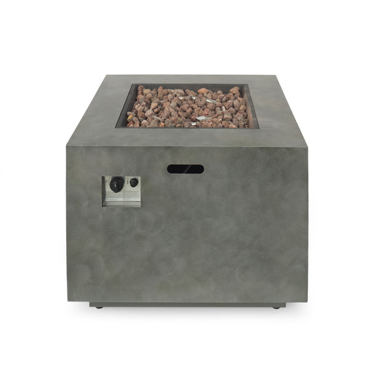 Square Outdoor Patio Gas Burning Fire Pit Table, 50,000 Btu, with a concrete-style finish, recessed lava rock top, and side control knob.