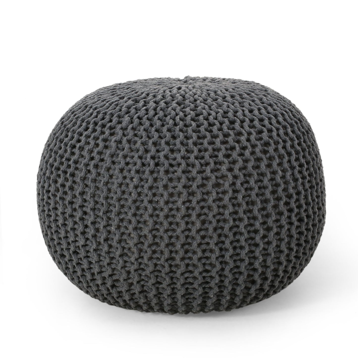 The Bordeaux Knitted Cotton Round Pouf is a dark gray ottoman with a chunky knit texture, perfect as a versatile floor cushion or seat, shown here against a plain white background.