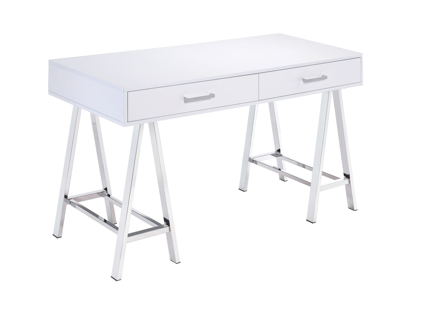 The Coleen High Gloss Writing Desk with USB features a modern white finish, two drawers, and metal sawhorse-style legs, shown against a white background.