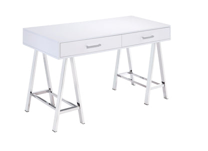 The Coleen High Gloss Writing Desk with USB features a modern white finish, two drawers, and metal sawhorse-style legs, shown against a white background.