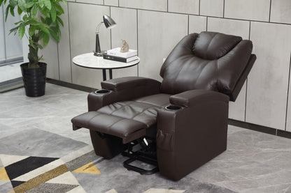 The Modern Recliner Chair With Cup Holders, Remote Control is fully extended in a modern living room beside a round side table with books, a lamp, and a small plant. A large potted plant and geometric rug complete the stylish scene.