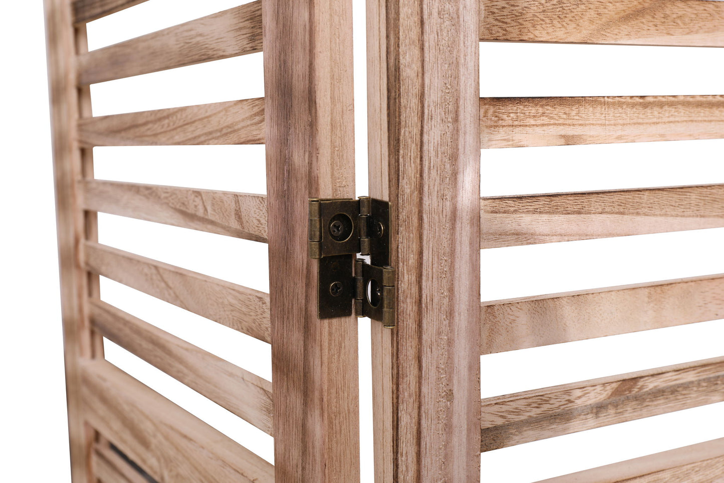 Close-up of the Expertly Designed Panel Folding Room Divider, featuring horizontal wooden slats and a dark metal hinge connecting two panels, set against a white background.