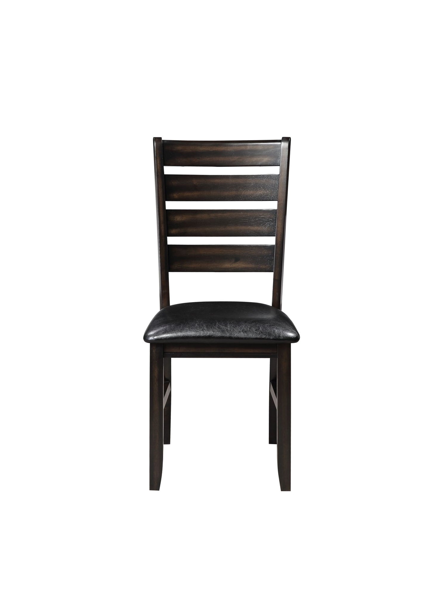 Front view of the Urbana Synthetic Leather Side Chair (Set of 2) featuring a dark finish, slatted backrest, and black synthetic leather cushioned seat, set against a white background.