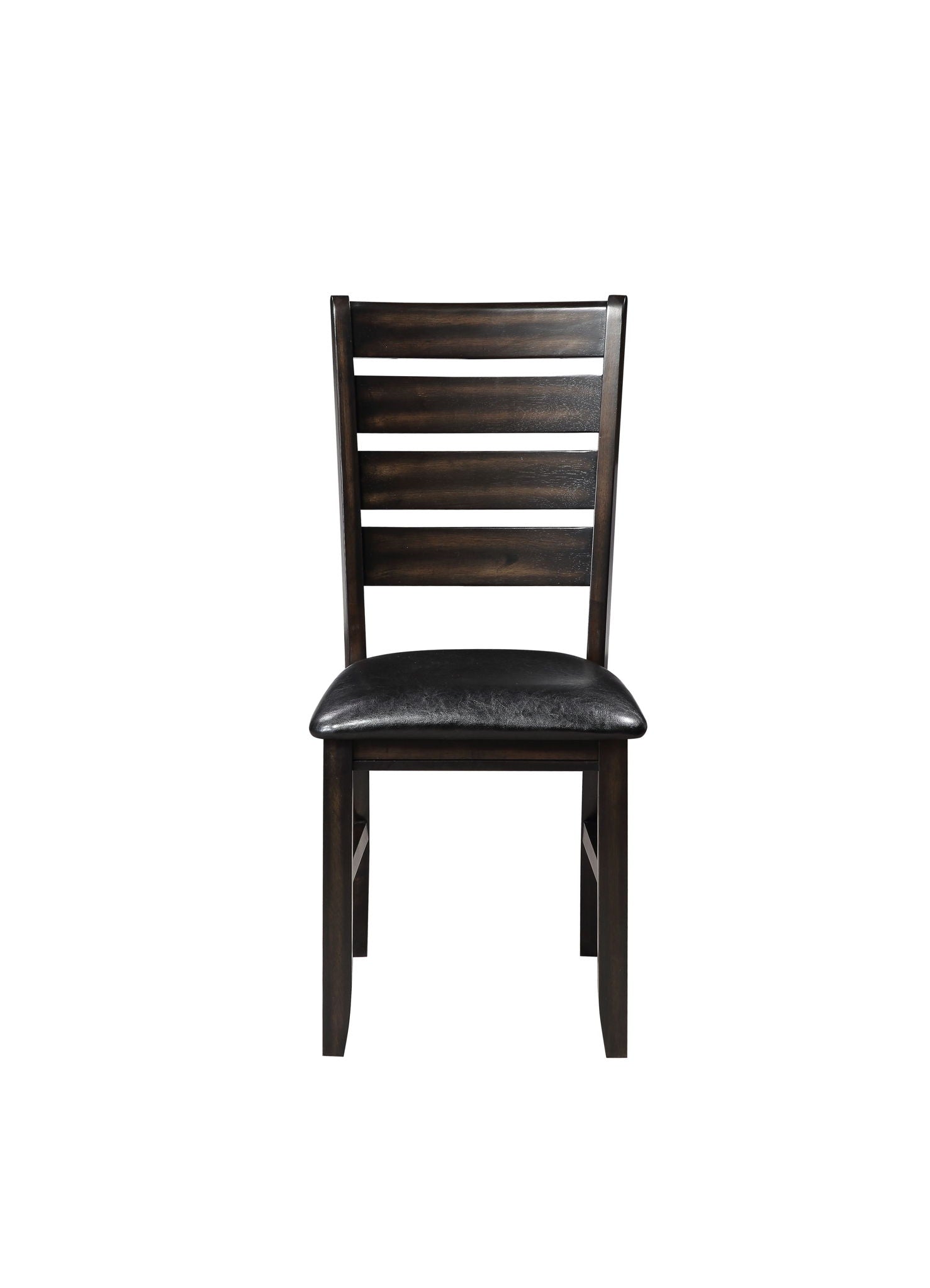 Front view of the Urbana Synthetic Leather Side Chair (Set of 2) featuring a dark finish, slatted backrest, and black synthetic leather cushioned seat, set against a white background.