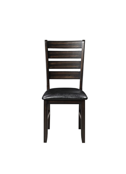 Front view of the Urbana Synthetic Leather Side Chair (Set of 2) featuring a dark finish, slatted backrest, and black synthetic leather cushioned seat, set against a white background.
