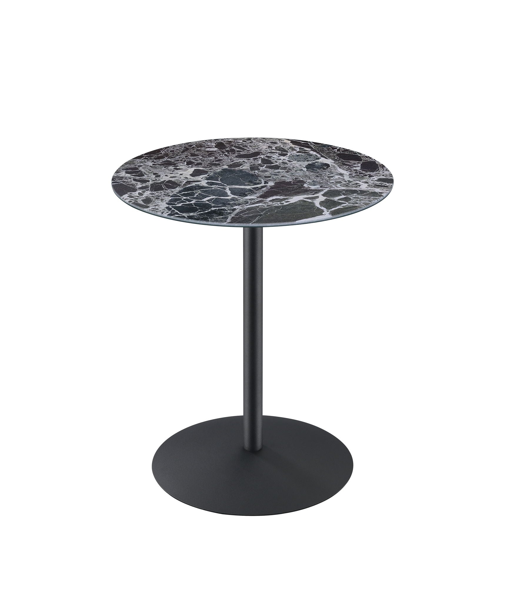 The Circa 17.5" End Table features a round black and white marble-textured top, supported by a single black metal pole and a circular black base.