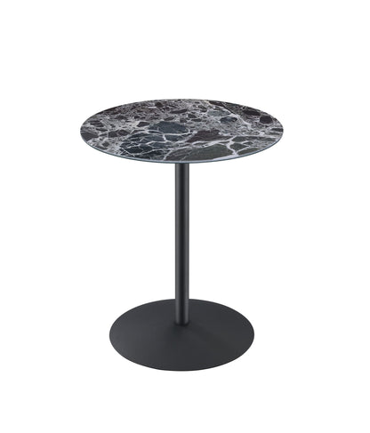 The Circa 17.5" End Table features a round black and white marble-textured top, supported by a single black metal pole and a circular black base.