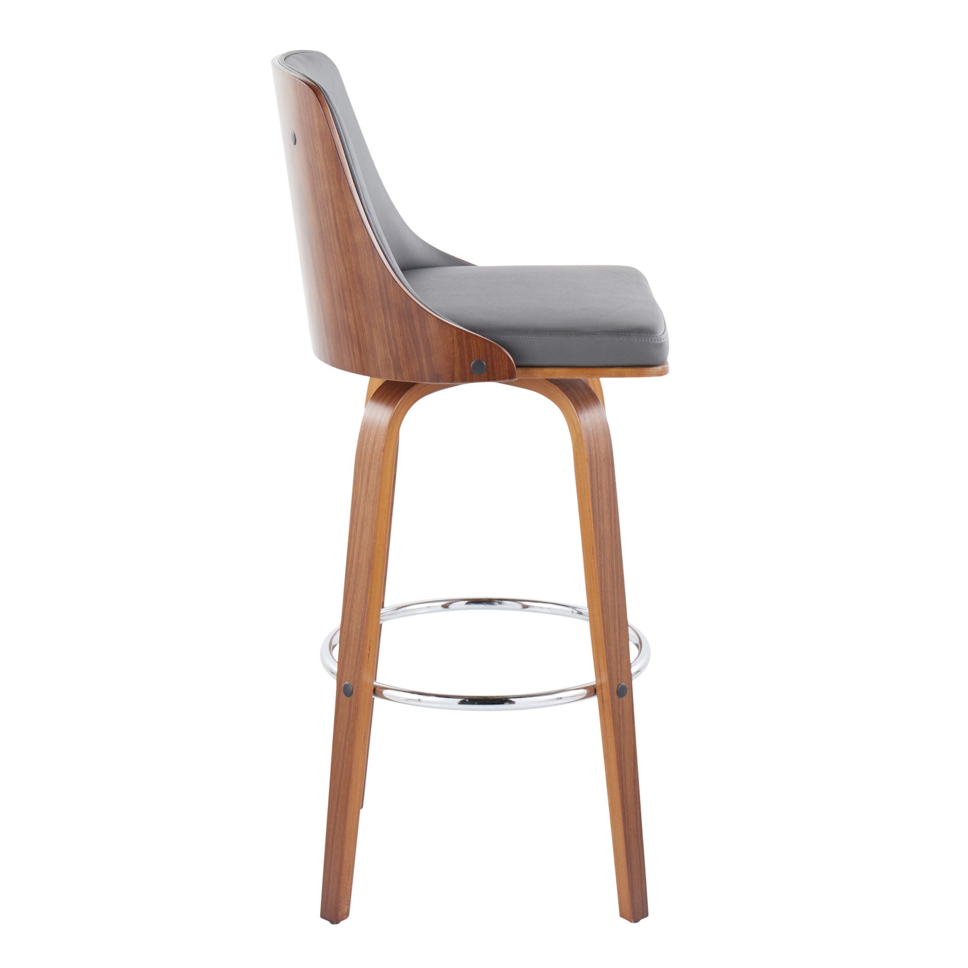 The Gianna Mid Century Modern Fixed Height Barstool (Set of 2) features wooden legs, a round chrome footrest, a curved cushioned wood backrest, and gray upholstered seat. The image displays a side view on a white background.