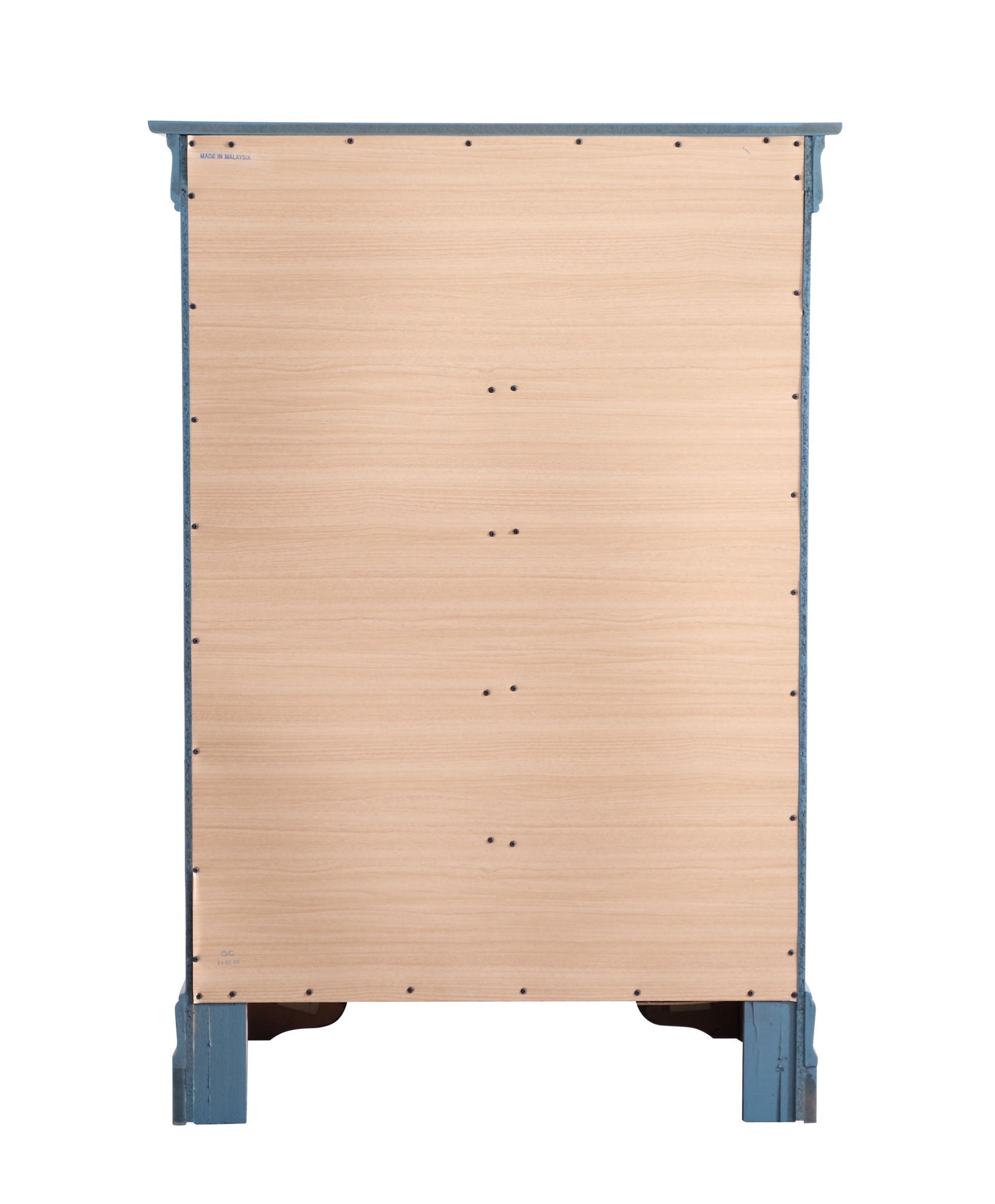 The Traditional Style Storage Chest Elegant is shown from the back, featuring a plain light wood panel secured with visible screws and blue-painted edges and legs.