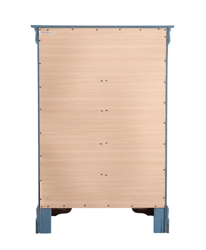 The Traditional Style Storage Chest Elegant is shown from the back, featuring a plain light wood panel secured with visible screws and blue-painted edges and legs.