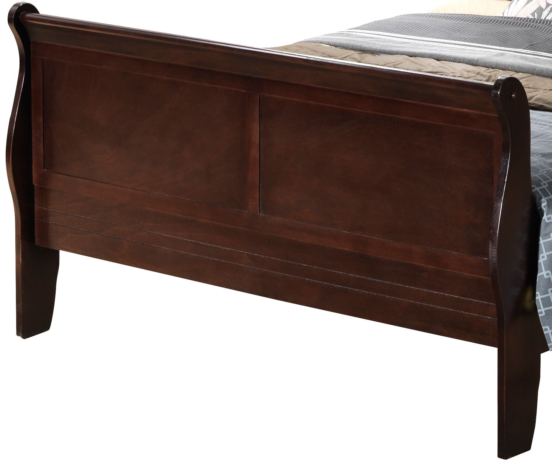 The Panel Sleigh Bed features dark wood, a high curved footboard, and classic panel design, shown partially with neutral bedding.