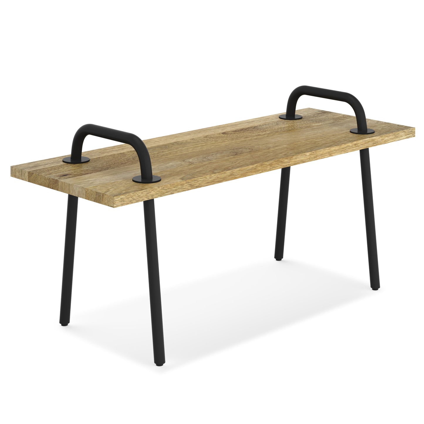 The Berkeley Entryway Bench features a rectangular wooden top, black metal legs, and two curved black metal handles mounted at each end.