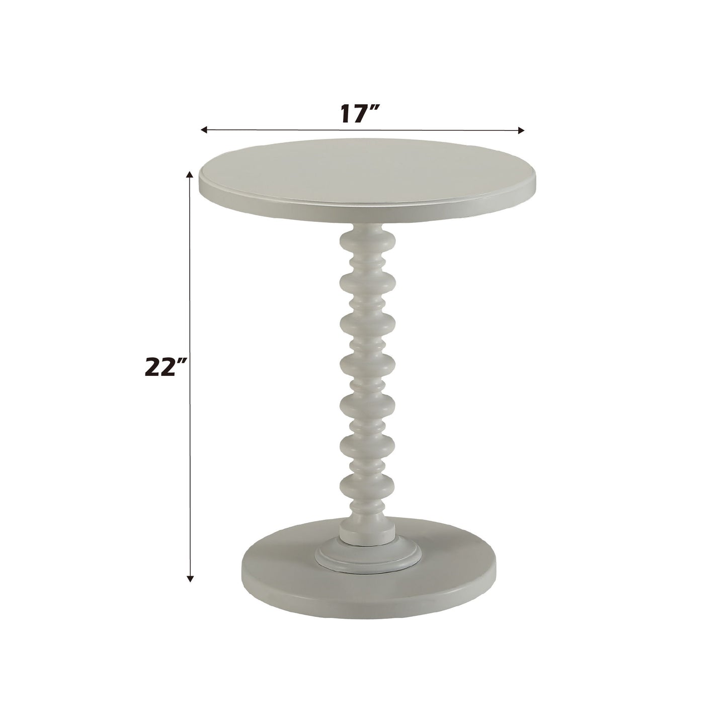 The Acton Accent Table, in white, is a small round side table measuring 17" wide by 22" tall with a decorative spindle-style pedestal and a circular base.