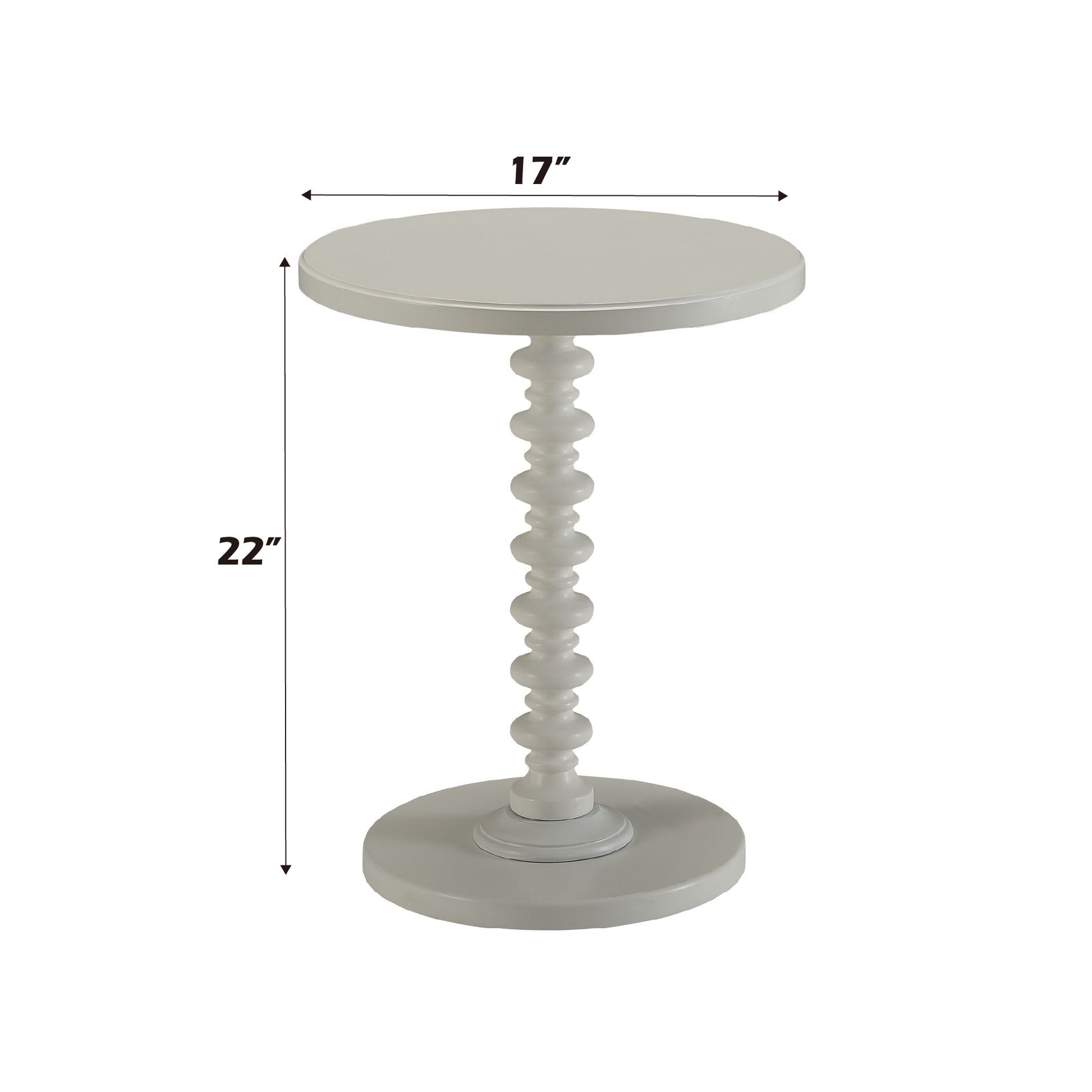 The Acton Accent Table, in white, is a small round side table measuring 17" wide by 22" tall with a decorative spindle-style pedestal and a circular base.