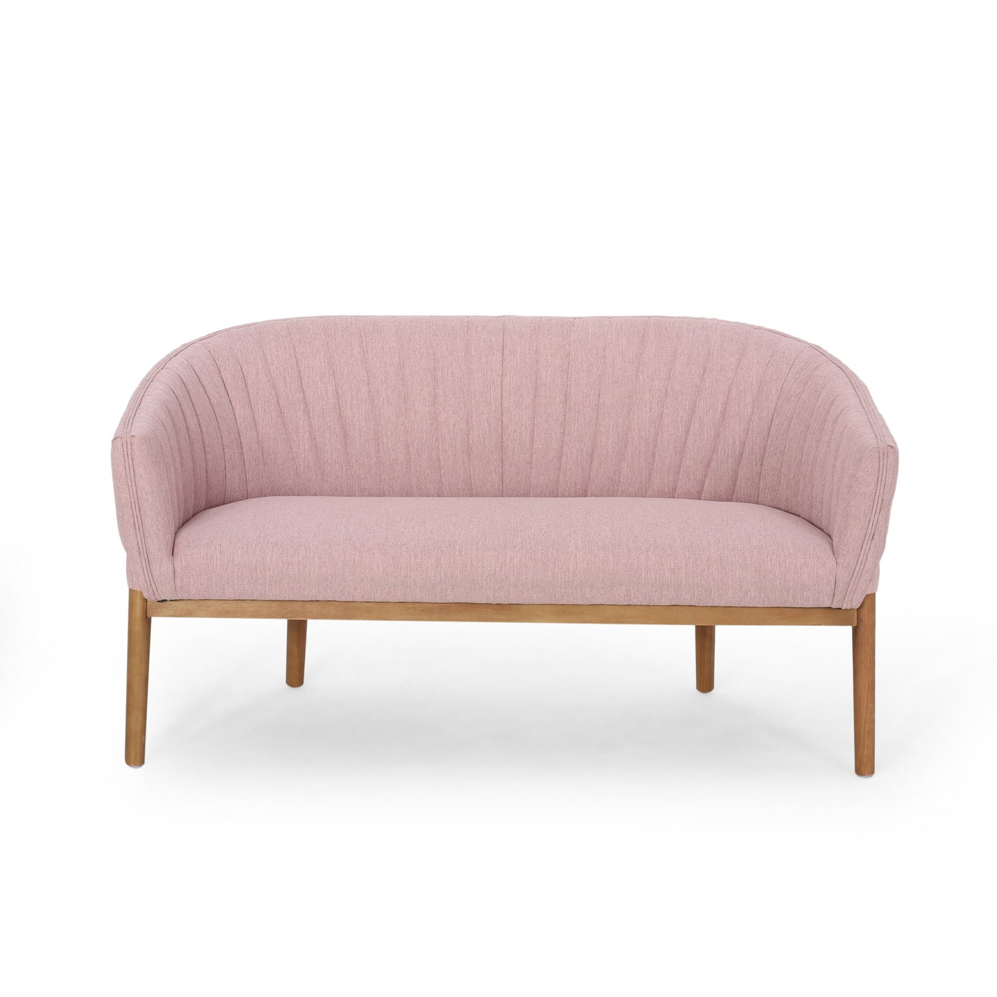 The Mid Century Modern Loveseat features light pink upholstery, a curved channel-stitched backrest, and wooden legs, all set against a plain white background.