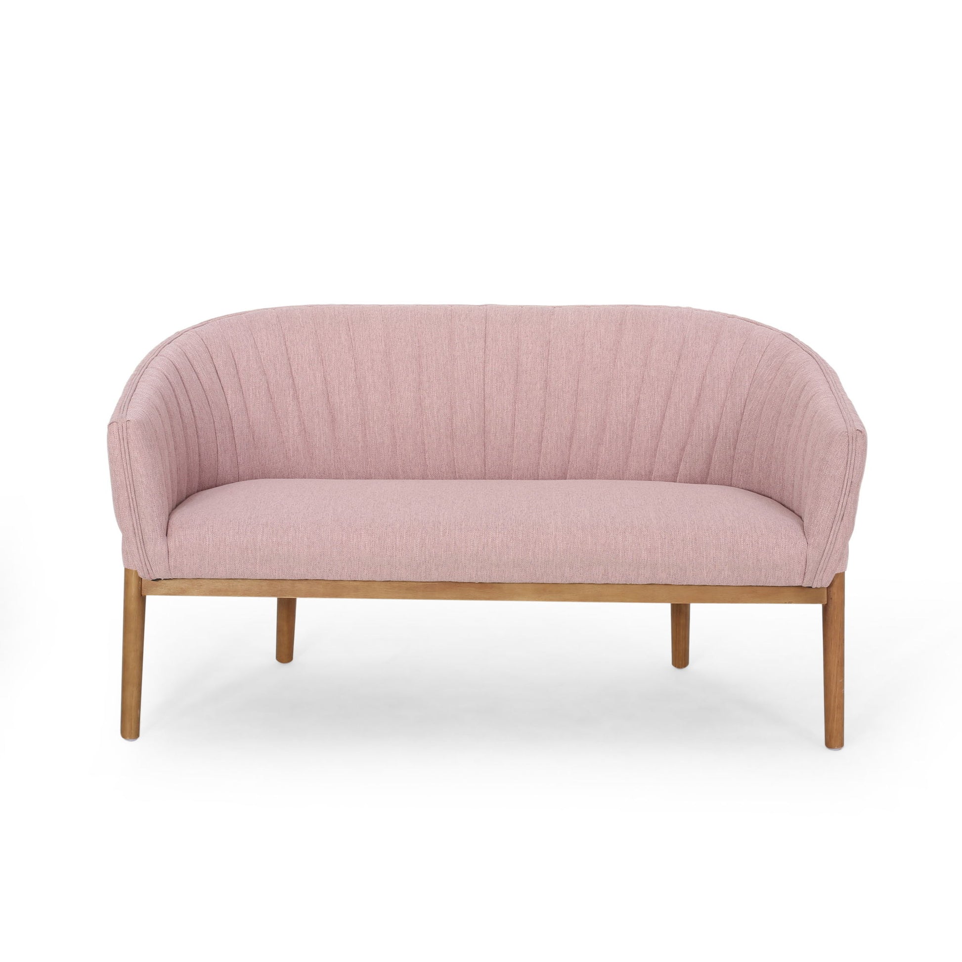 The Mid Century Modern Loveseat features light pink upholstery, a curved channel-stitched backrest, and wooden legs, all set against a plain white background.
