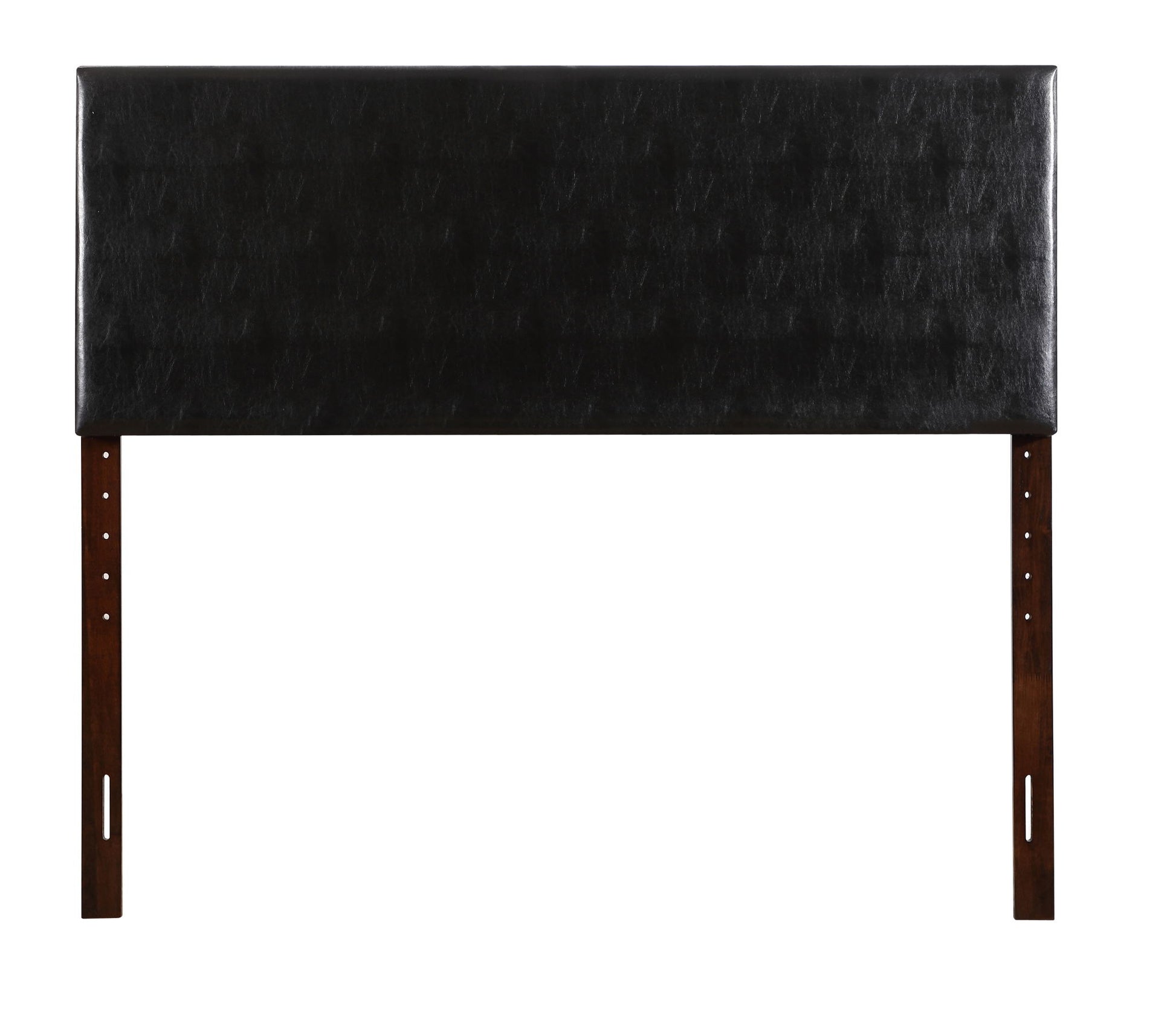 The Nova Headboard is a rectangular, black upholstered design with dark wooden legs and adjustable height slots on both legs.