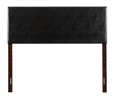 The Nova Headboard is a rectangular, black upholstered design with dark wooden legs and adjustable height slots on both legs.
