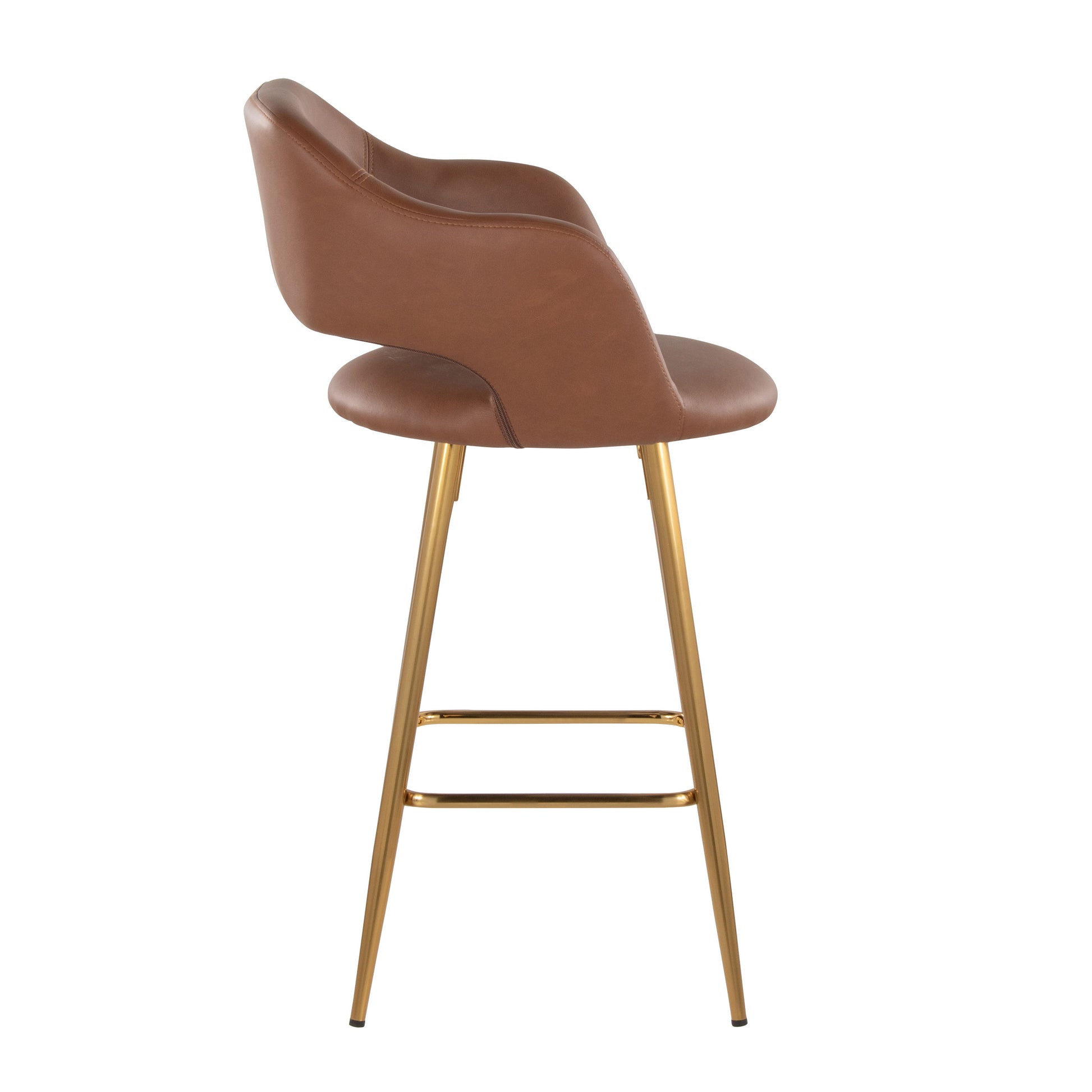 The Margarite set includes two contemporary fixed-height counter stools with sleek, minimalist designs. Each stool features a brown leather seat and backrest, complemented by gold metal legs and a footrest bar.