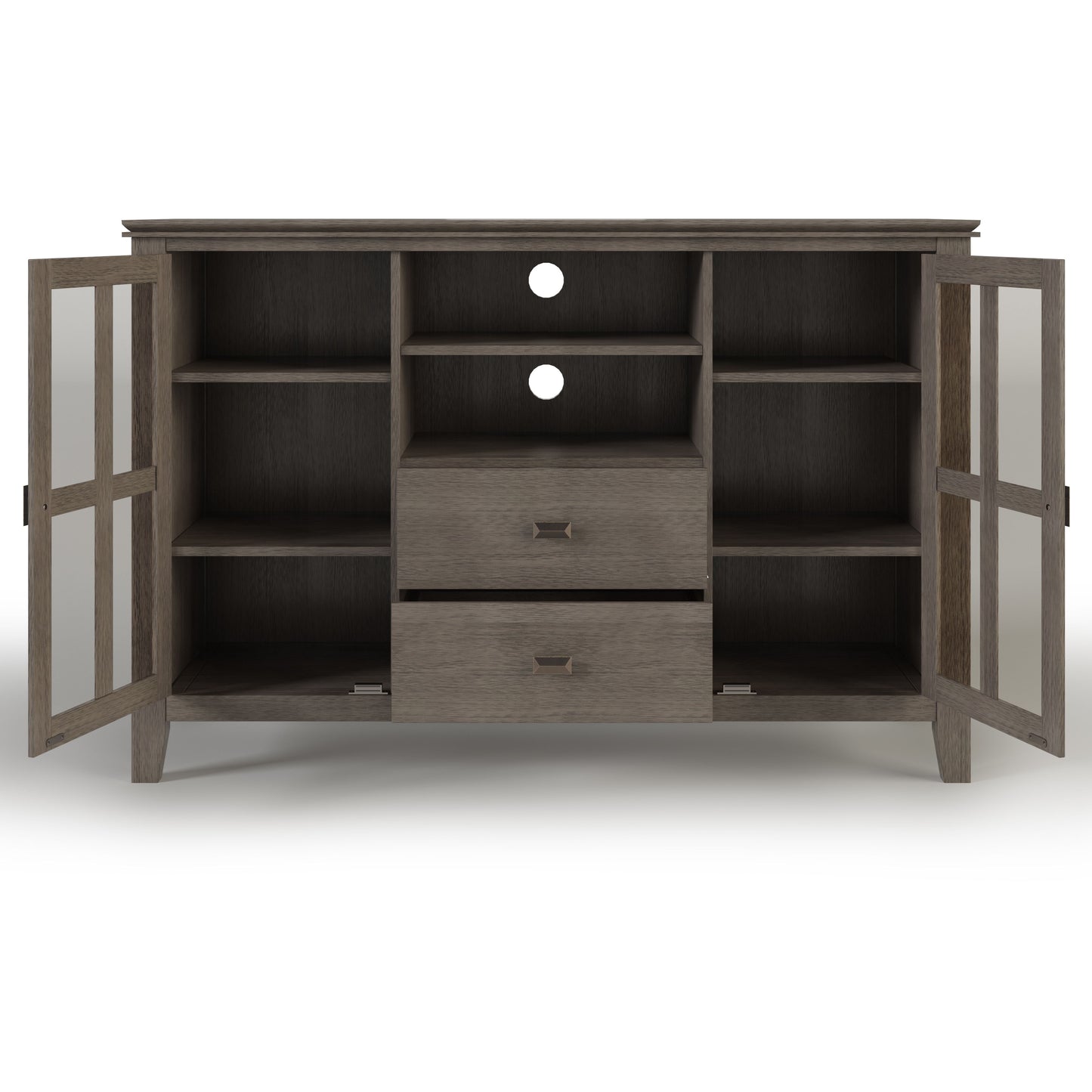 The Artisan Handcrafted Tall TV Media Stand features two glass-paneled doors, six shelves, two central drawers, and two circular cable cutouts on the back. Finished in medium brown wood grain.